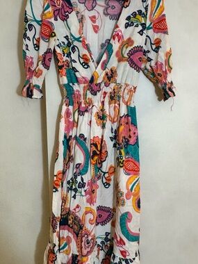 Vibrant Paisley Wrap Midi Dress - White, Teal, Pink